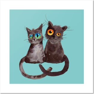 Two dark gray cats watercolor Posters and Art